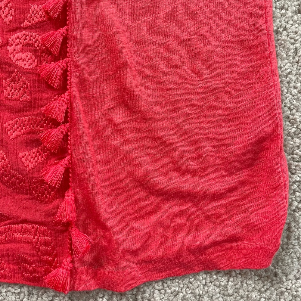 J. Crew Linen Coral Tassels Embroidered Boho Short Sleeve Top Size Oversized XS - Picture 6 of 10